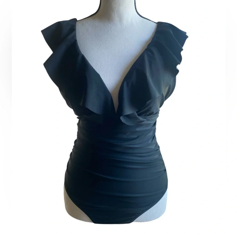 J Crew Ruched ruffle one-piece swimsuit SZ 6 Black